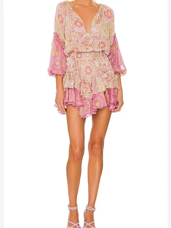 Misa Los Angeles Viviana Dress - Pink Floral Ruffled Mini Dress - Picture 1 of 2